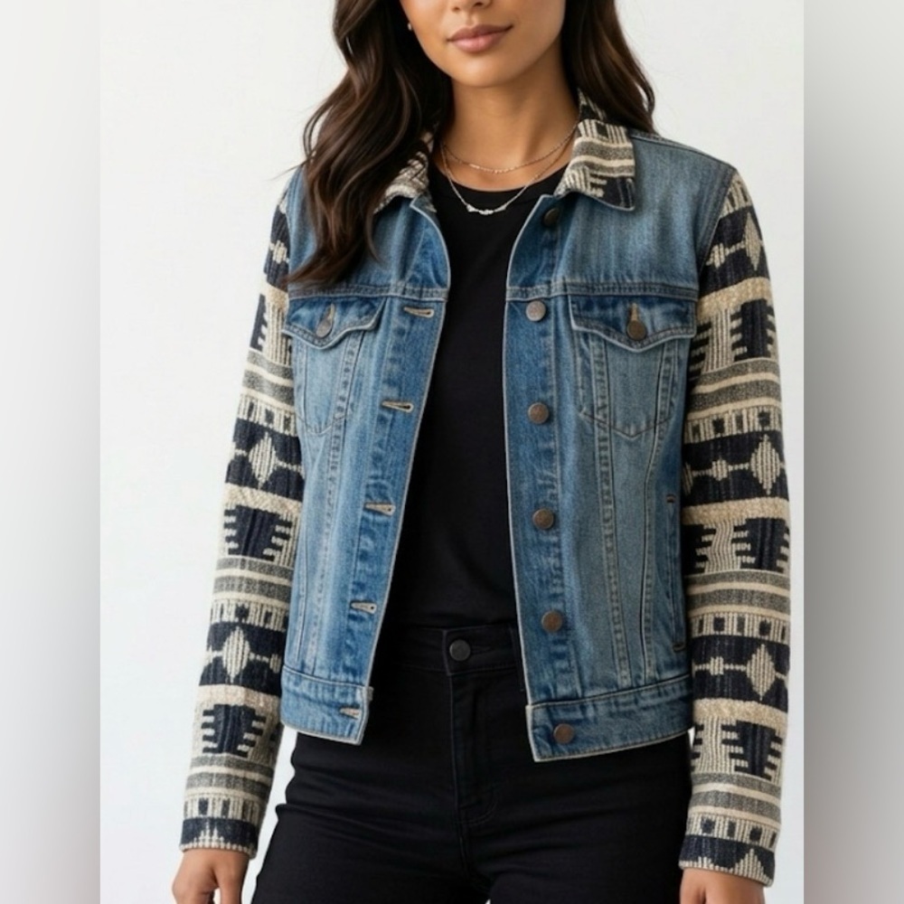BDG Urban Outfitters Denim Jacket Aztec Knit Sleeve Multi-Color Boho Small